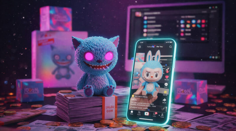 A rare teal Labubu figure sits on a stack of cash next to a phone showing a viral TikTok unboxing.