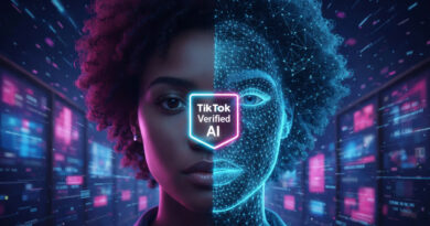 A split-screen visual showing a real person's face next to a digital AI wireframe with a TikTok Verified AI badge.
