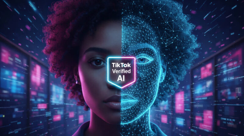 A split-screen visual showing a real person's face next to a digital AI wireframe with a TikTok Verified AI badge.