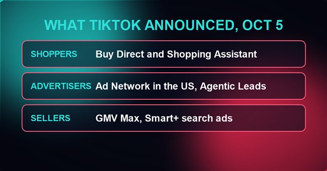 What TikTok announced on October 5, 2026: TikTok Buy Direct and Shopping Assistant for shoppers, Ad Network and Agentic Leads for advertisers
