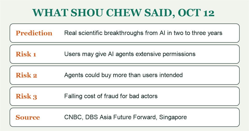 What TikTok CEO Shou Chew said about AI on October 12, 2026: scientific breakthroughs in two to three years, and three risks