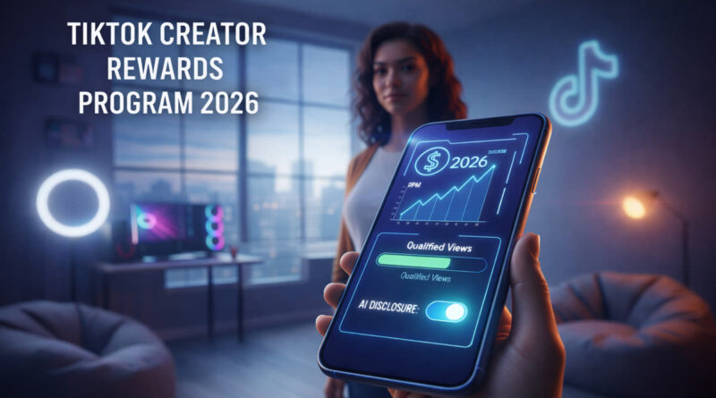 Close up of a smartphone showing a 2026 TikTok monetization dashboard with rising RPM and qualified views graph.