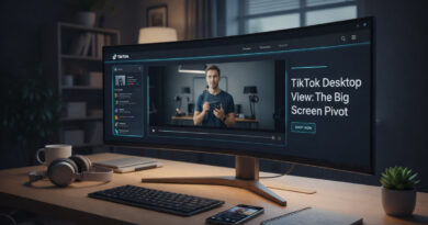 A wide ultra-wide computer monitor on a wooden desk showing the TikTok Desktop View in Cinema Mode with a horizontal video playing.
