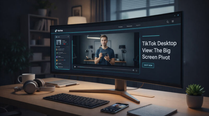 A wide ultra-wide computer monitor on a wooden desk showing the TikTok Desktop View in Cinema Mode with a horizontal video playing.