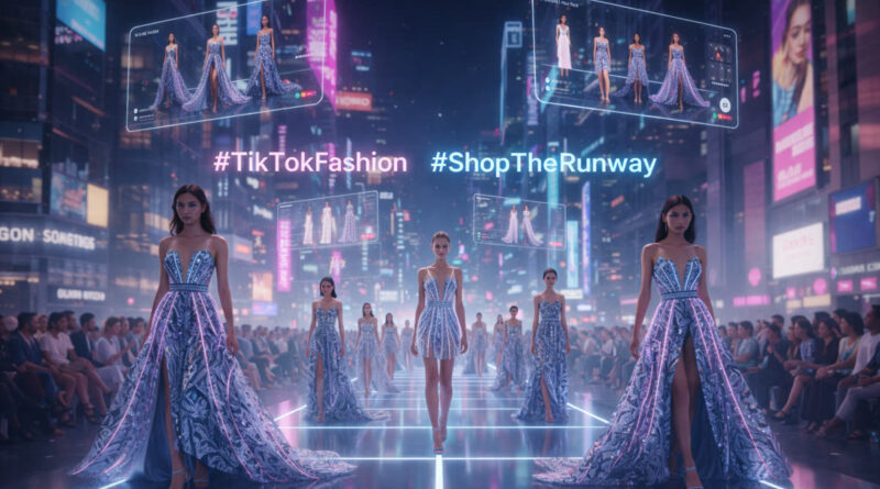 A futuristic outdoor runway in a glowing cityscape featuring models in digital-infused gowns with floating holographic TikTok Shop interface displays.
