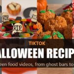 TikTok Halloween recipes: four photo panels of ghost bars, graveyard dirt cups, pumpkin rice cereal treats and brain cupcakes