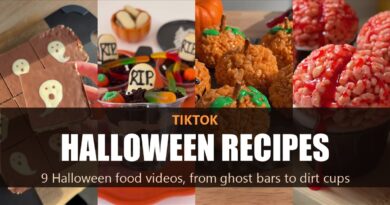 TikTok Halloween recipes: four photo panels of ghost bars, graveyard dirt cups, pumpkin rice cereal treats and brain cupcakes