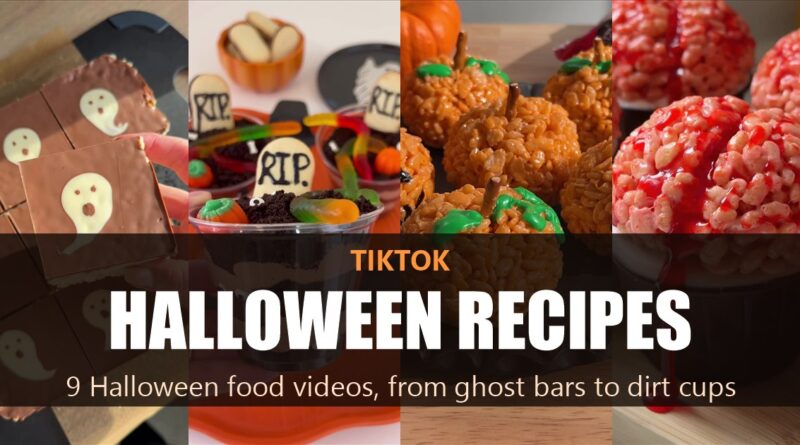 TikTok Halloween recipes: four photo panels of ghost bars, graveyard dirt cups, pumpkin rice cereal treats and brain cupcakes