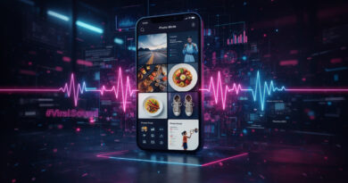 A high-tech 3D render of a smartphone displaying the TikTok Photo Mode interface with a grid of high-quality lifestyle images and glowing digital soundwaves.