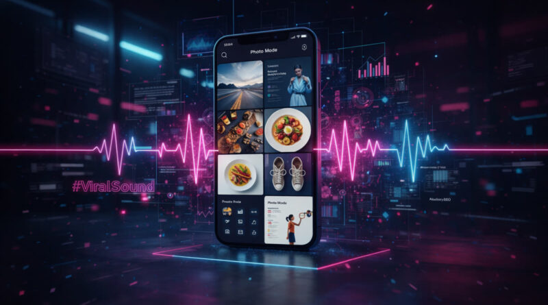 A high-tech 3D render of a smartphone displaying the TikTok Photo Mode interface with a grid of high-quality lifestyle images and glowing digital soundwaves.