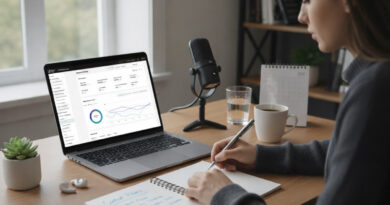 A creator writing in a notebook next to a laptop displaying the TikTok Shop Affiliate Center dashboard and a professional microphone.