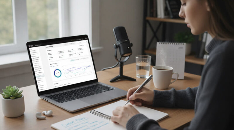 A creator writing in a notebook next to a laptop displaying the TikTok Shop Affiliate Center dashboard and a professional microphone.