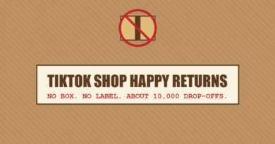 TikTok Shop Happy Returns: a crossed-out cardboard box above a label reading no box, no label, about 10,000 drop-offs