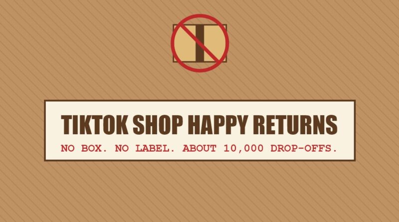 TikTok Shop Happy Returns: a crossed-out cardboard box above a label reading no box, no label, about 10,000 drop-offs