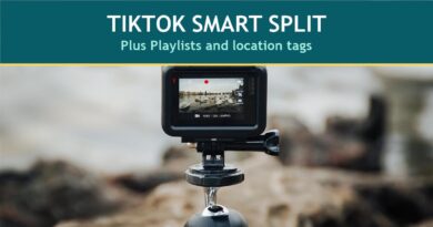 TikTok Smart Split: a camera on a tripod under the words TikTok Smart Split, Plus Playlists and location tags