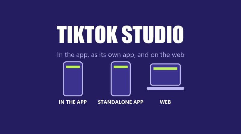 TikTok Studio: three device outlines labelled in the app, standalone app and web