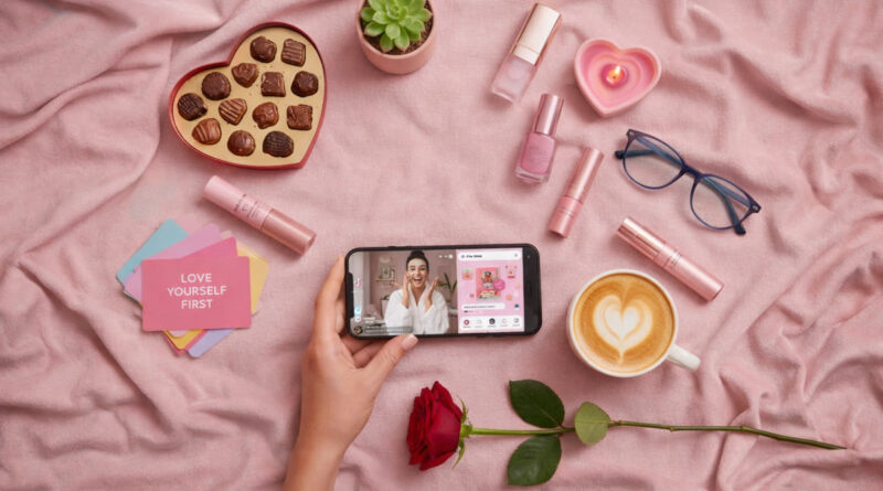 A high-end flat lay on pink fabric featuring a hand holding a smartphone with a self-care video, surrounded by chocolates, a latte, a rose, and floating holographic TikTok Gift Finder icons.