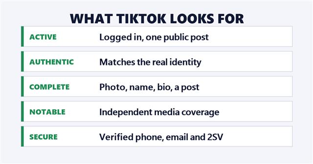 TikTok verification criteria: active, authentic, complete, notable and secure