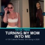Before and after TikTok stills from the turning my mom into me trend, two moms in their own style and then in Y2K outfits