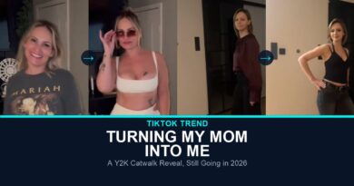 Before and after TikTok stills from the turning my mom into me trend, two moms in their own style and then in Y2K outfits