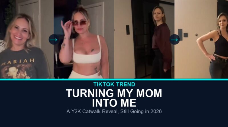 Before and after TikTok stills from the turning my mom into me trend, two moms in their own style and then in Y2K outfits