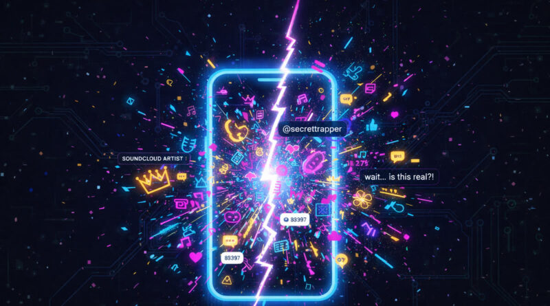 Abstract digital art featuring a central glowing prism and geometric "glitch" fragments in neon pink and cyan, symbolizing the fragmentation of celebrity identity in the Timothée Chalamet TikTok trend.