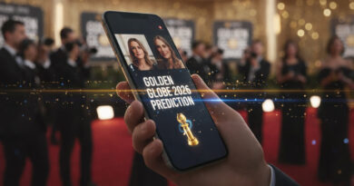 A smartphone displaying a Golden Globes TikTok moments prediction video against a blurred red carpet background.