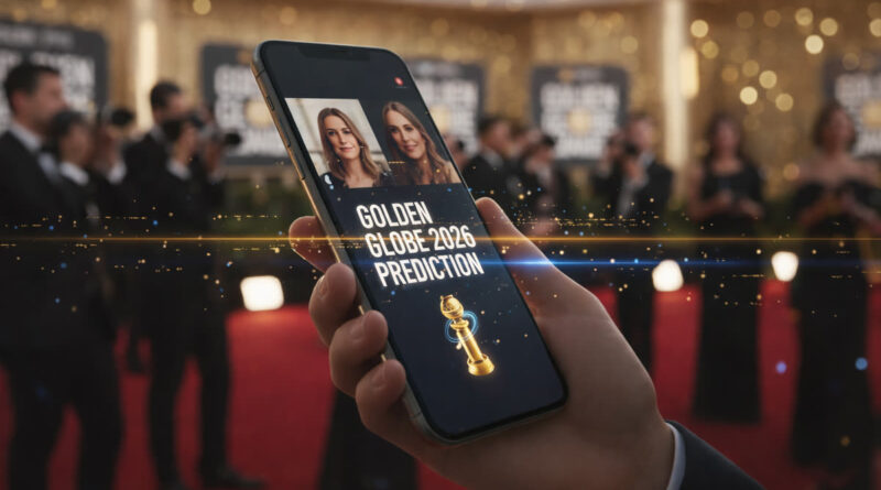 A smartphone displaying a Golden Globes TikTok moments prediction video against a blurred red carpet background.