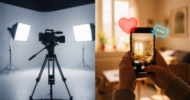 Illustrate why TikTok rewards average videos with a split-screen comparison showing a professional dark film studio with a tripod on the left, and a person's hands holding a smartphone filming a bright, messy living room with a TikTok heart and comment bubble on the right.