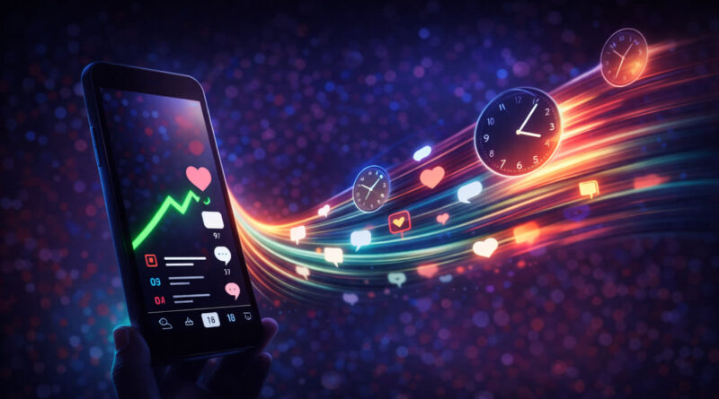 Smartphone visualizing why TikTok trends feel shorter than they used to, showing rapid engagement spikes, saves, likes, and time acceleration